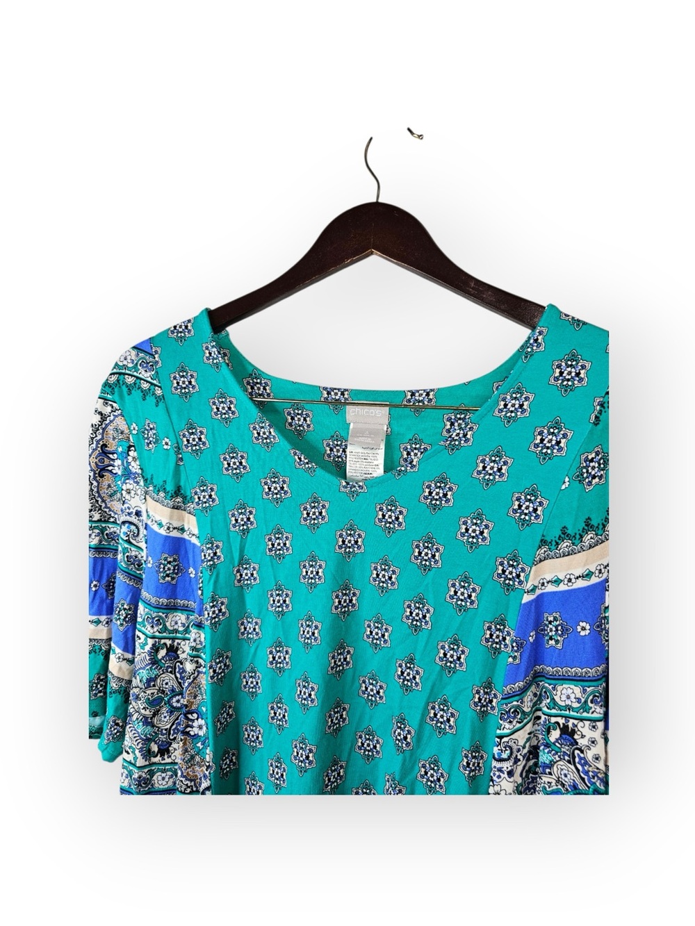 Chico's Teal Mandala Print Short Sleeve Top Size 3 XL Mixed Media - Picture 3 of 5